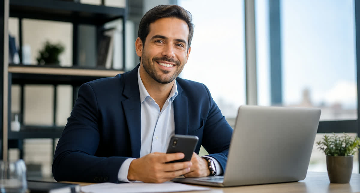 Corretor sorrindo com celular em escritório moderno