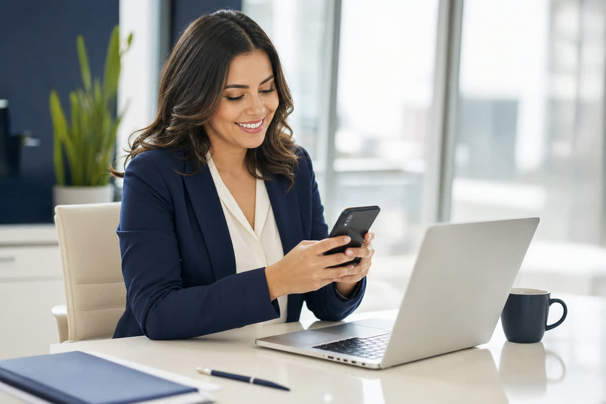 Corretora feliz atendendo leads no celular e notebook