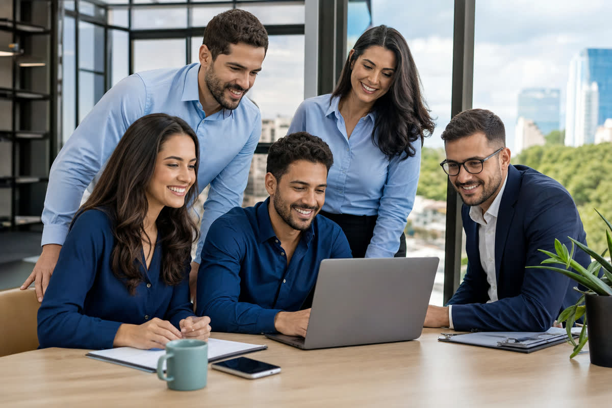 Equipe de corretores feliz analisando resultados